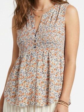 Ivy Women Floral Sleeveless Smocked Rayon Top Boho Peasant Cottagecore size L